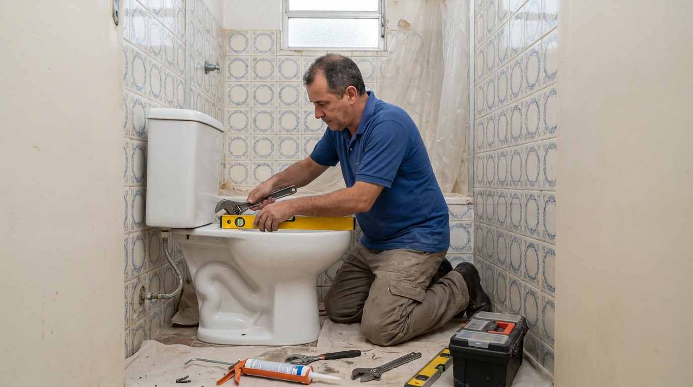 Técnico instalando vaso sanitário em Patos de Minas‑MG